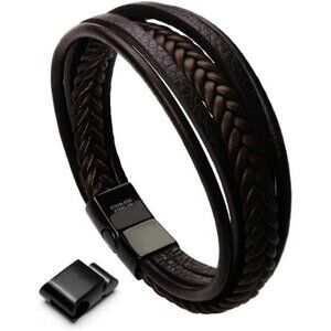 Mens Leather Bracelet Braided Cowhide Stainless Steel Magnetic Clasp Gift Box